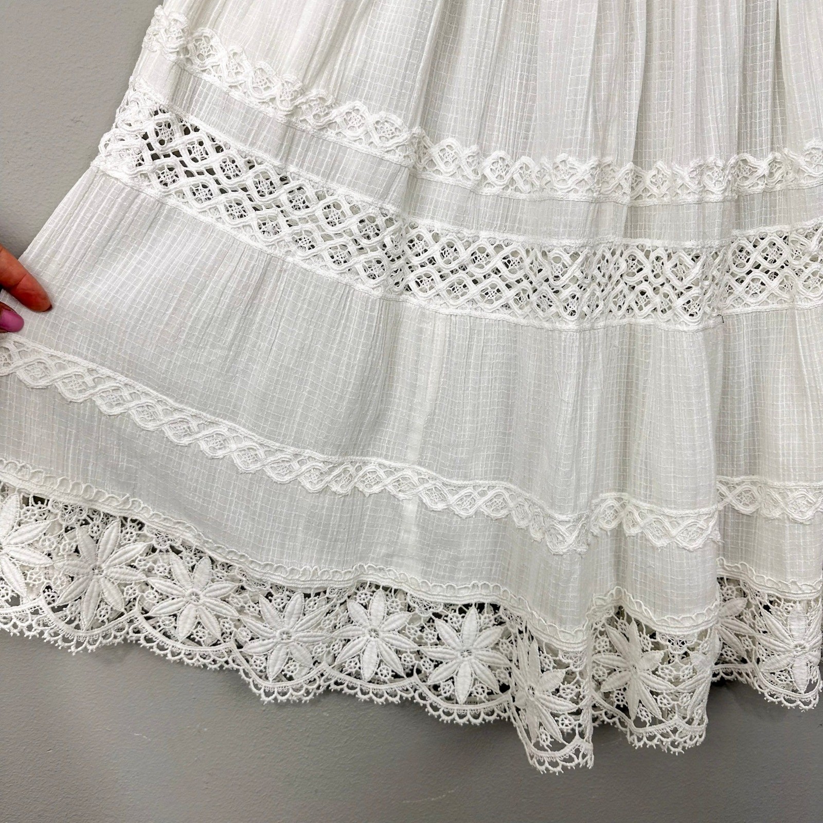 Vintage Handmade Lace Midi Skirt Womens L Ivory Crochet Tiered Prairie Bohemian