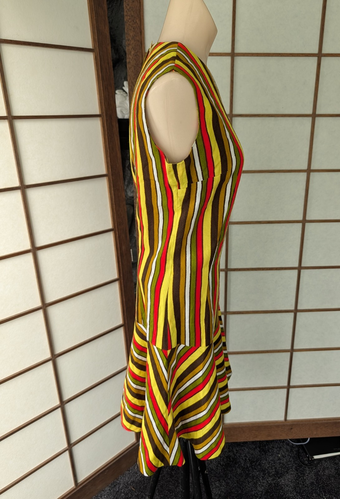 Vtg 60s 70s Groovy Striped Mini Dress Sz S/M Drop Waist Ruffle Hem Barkcloth Mod
