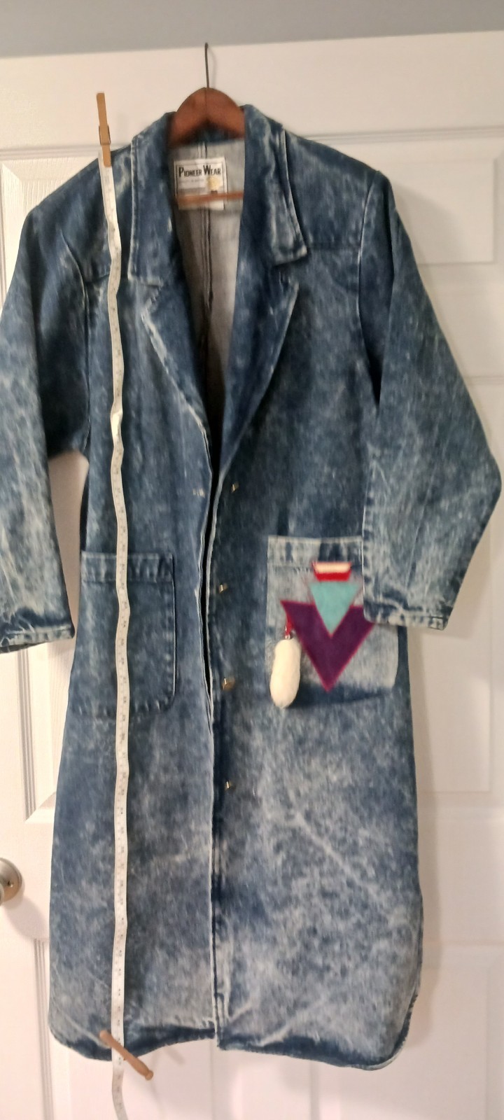 Vintage 80s Pioneer Wear Acid Wash Denim Duster Coat, Southwestern Applique/Fur