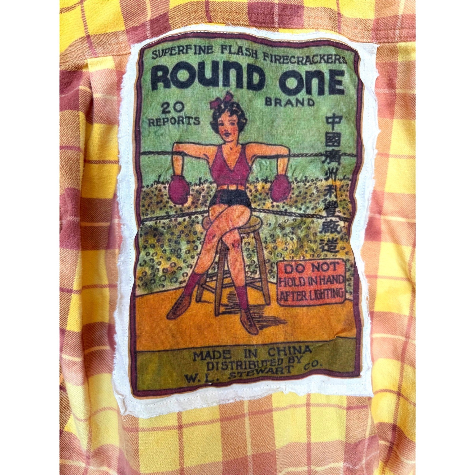 Upcycled Yellow Plaid Flannel Boxer Girl Patch Folk Art Shirt