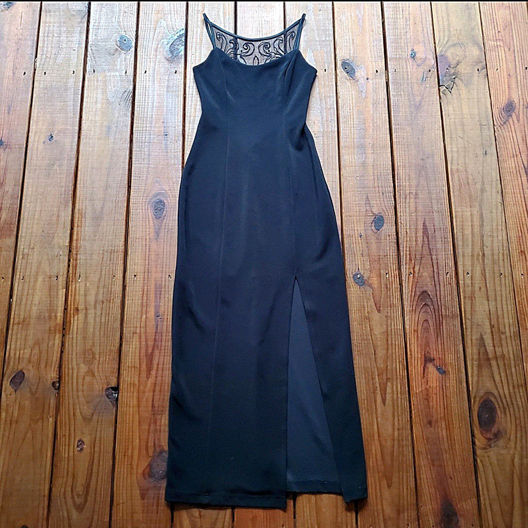 Vintage 90’s size 3 / 4 black fitted mesh open low back front slit midi dress