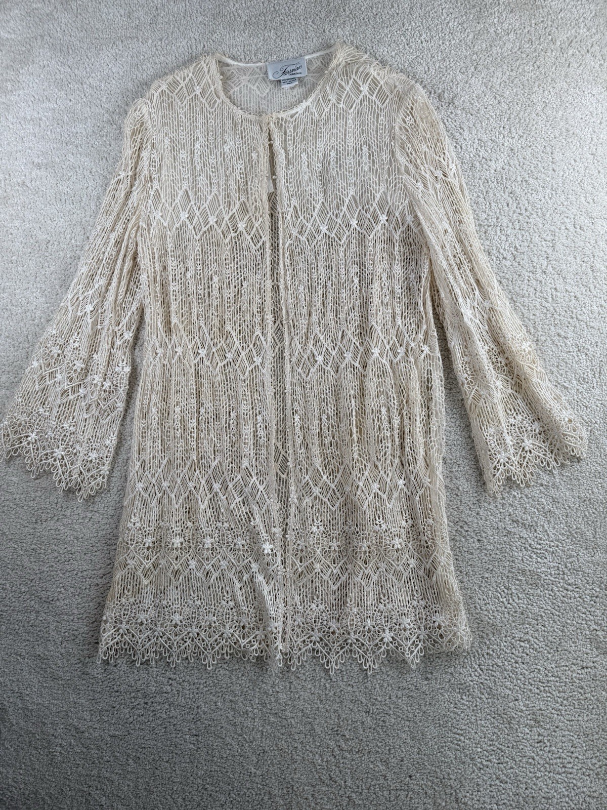VTG Farinae Jacket Womens Medium Ivory Off White Lace Crochet Ornate Duster