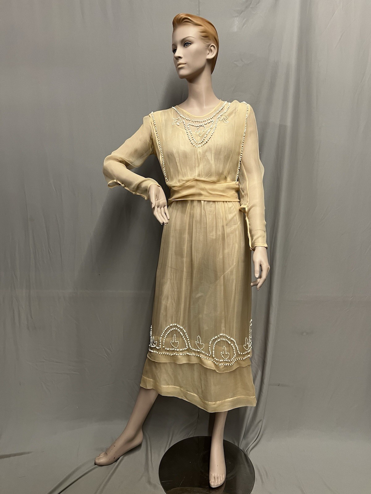 Edwardian Ca. 1913-1915 Ivory Silk Beaded Dinner Dress Antique