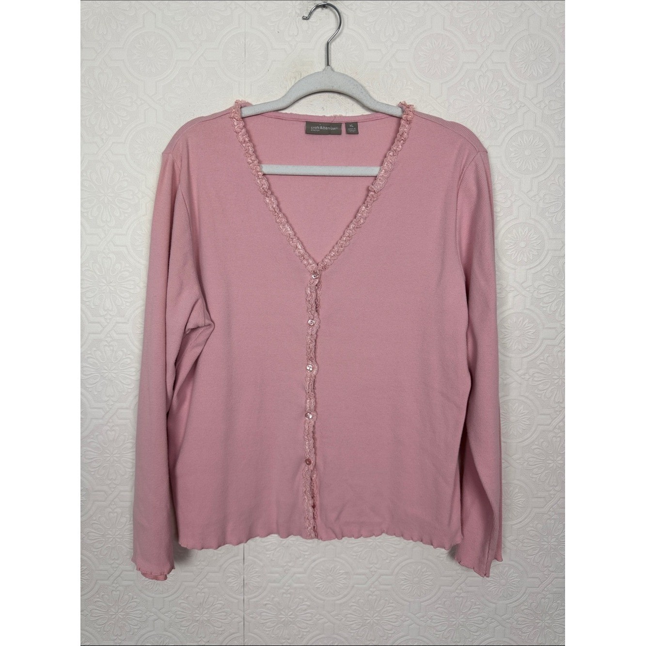 Vintage Pink Ribbed Cardigan Feminine XL Lace Trim Button Front Grannycore