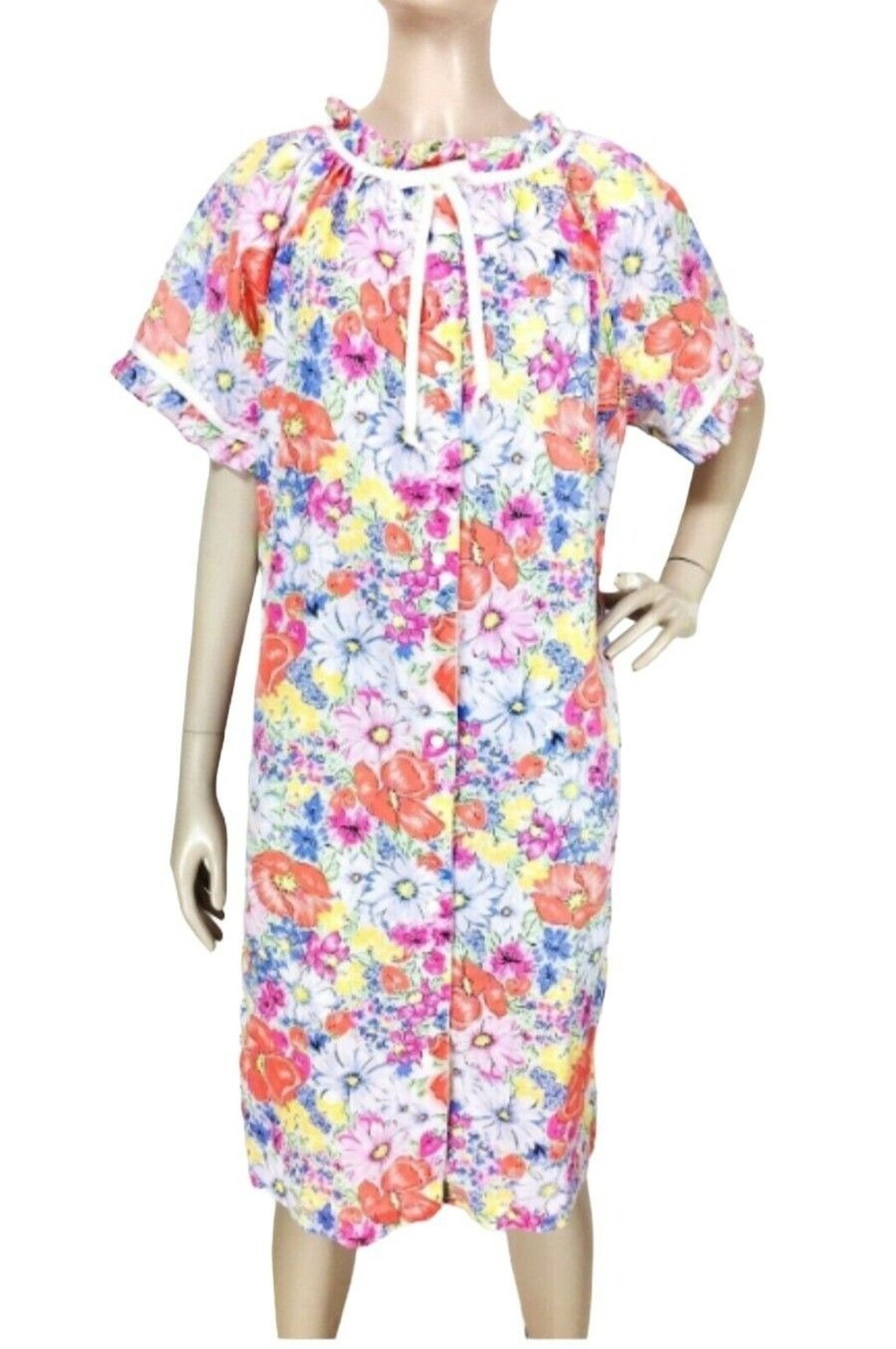 Coffee Time Designer Floral Ruffle Trim Muumuu House Dress Vintage Robe Small