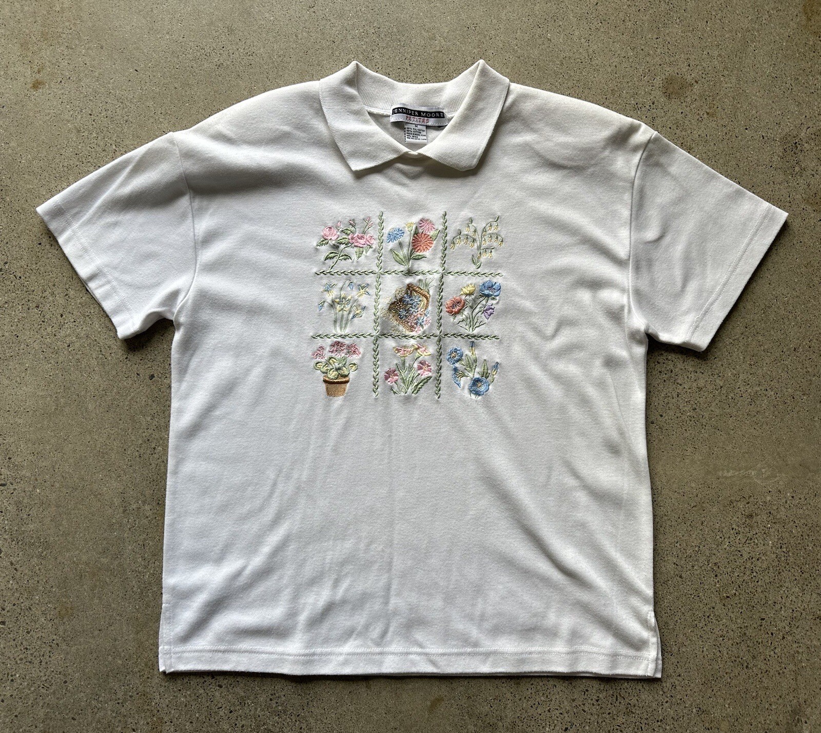 Vintage Jennifer Moore Petites White Polycotton Floral Cottage-core Shirt Size M