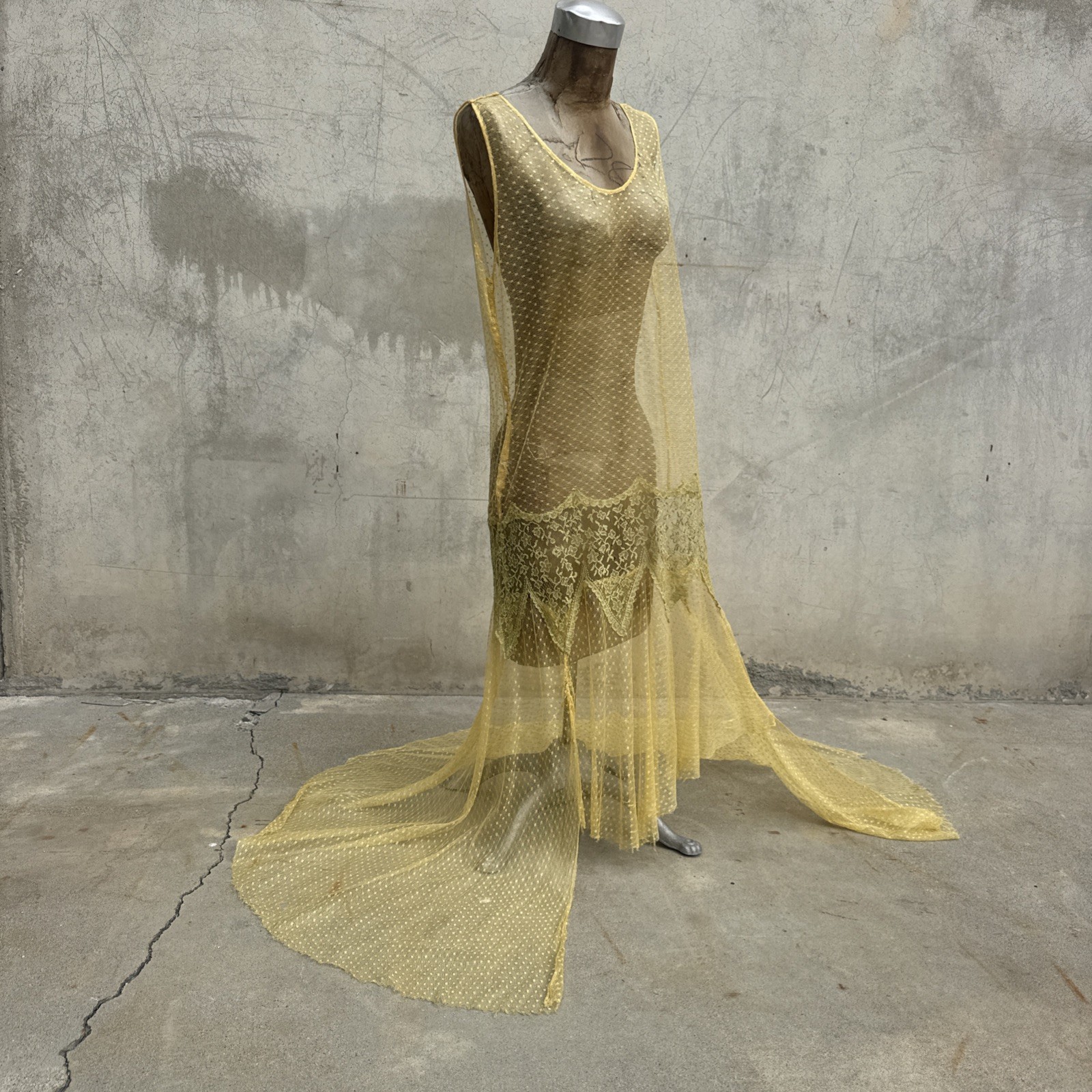 Vintage 1930s Yellow Swiss Dot Dress Net Asymmetrical Gown Floral Lace