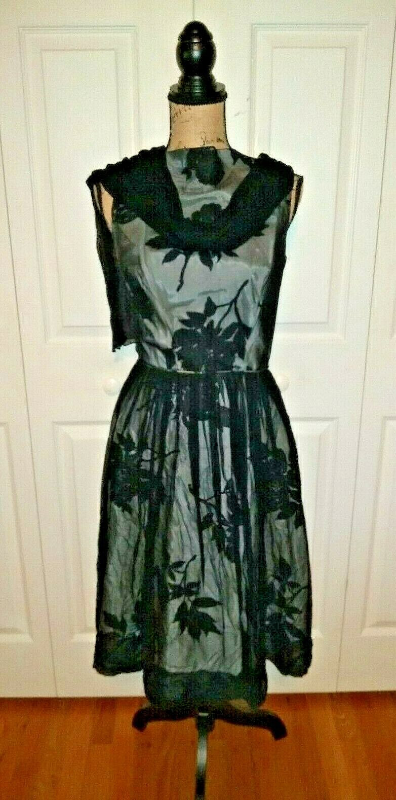 Vintage 1950’s Scarf Style Green Black Chiffon Dress Size 14 Jackie O Theatre