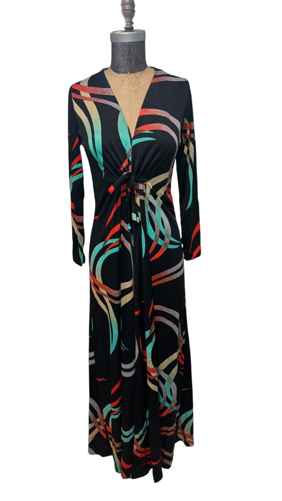 Vintage 70s Multi Colored Psychedelic Wave Pattern Maxi Dress Sz 10