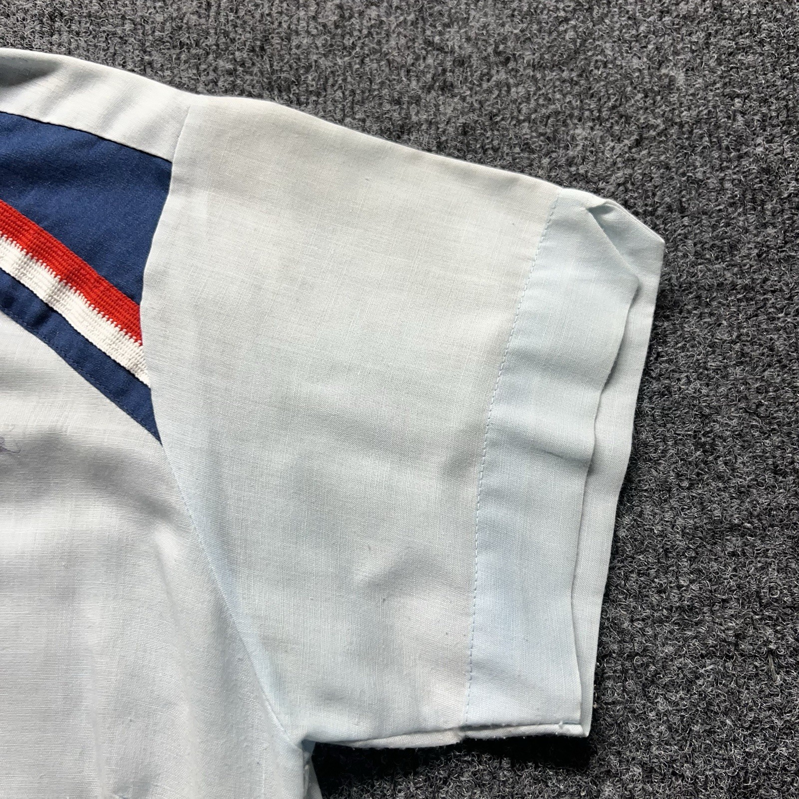 Vintage 60s Womens Bowling Shirt Blue Hilton Chainstitch Felt Iowa Button Vtg 34