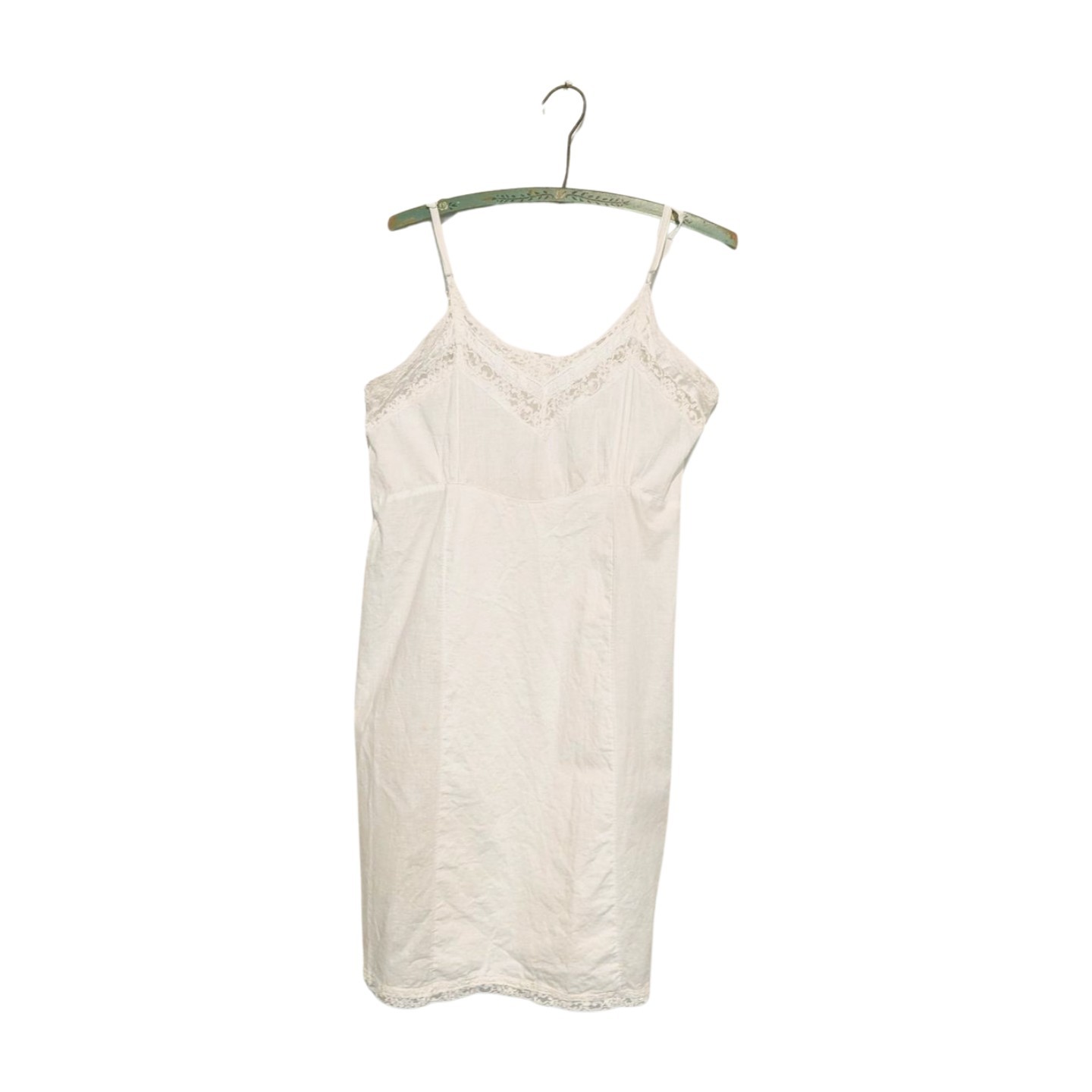 Vintage 40s 50s Pieced White Emb Cotton Blend Fabric Lace Full Slip Dress B36