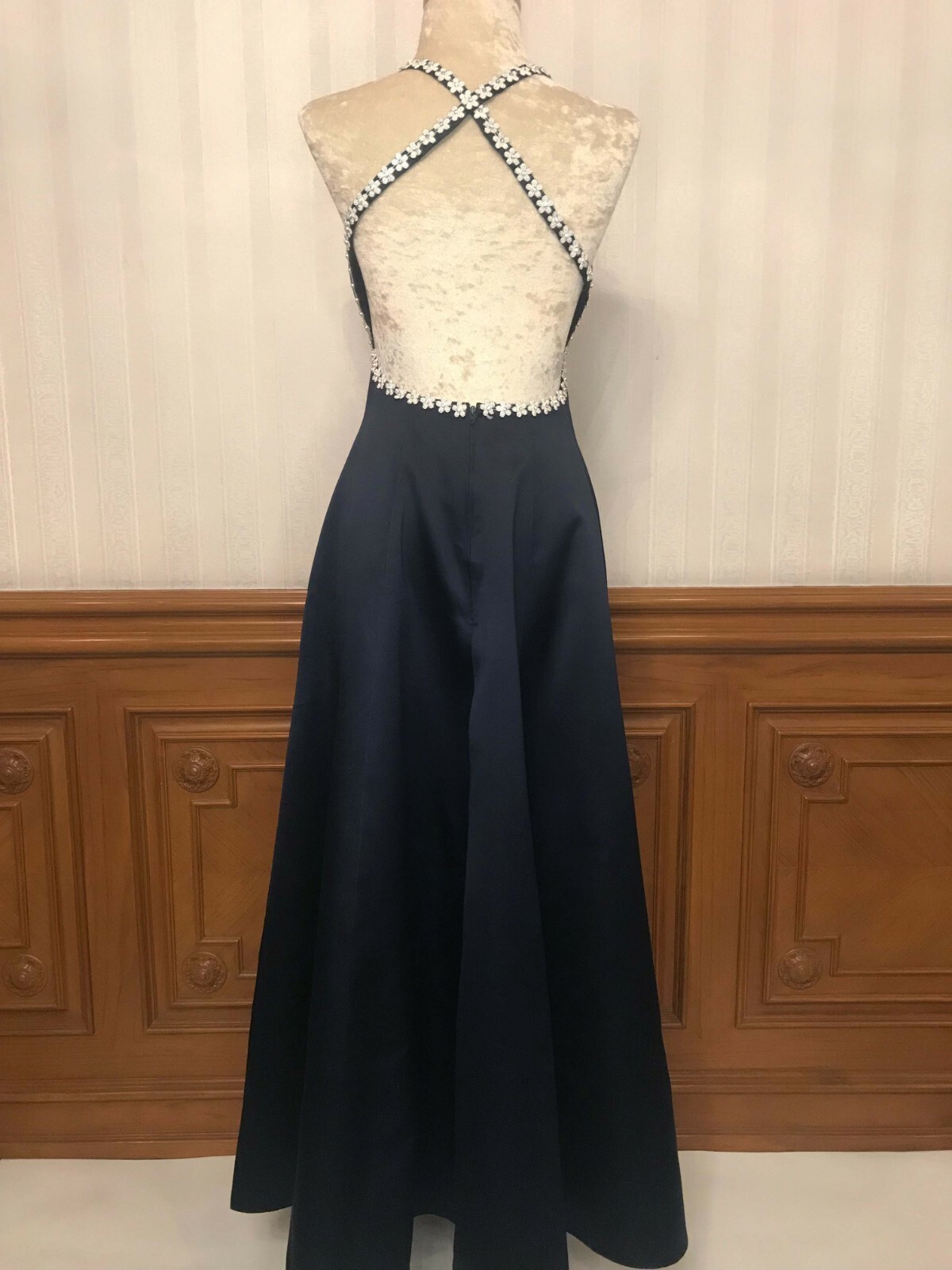 Vintage Bari Jay Satin Halter Prom Party Formal Dress Gown Navy Blue Sz 4 USA