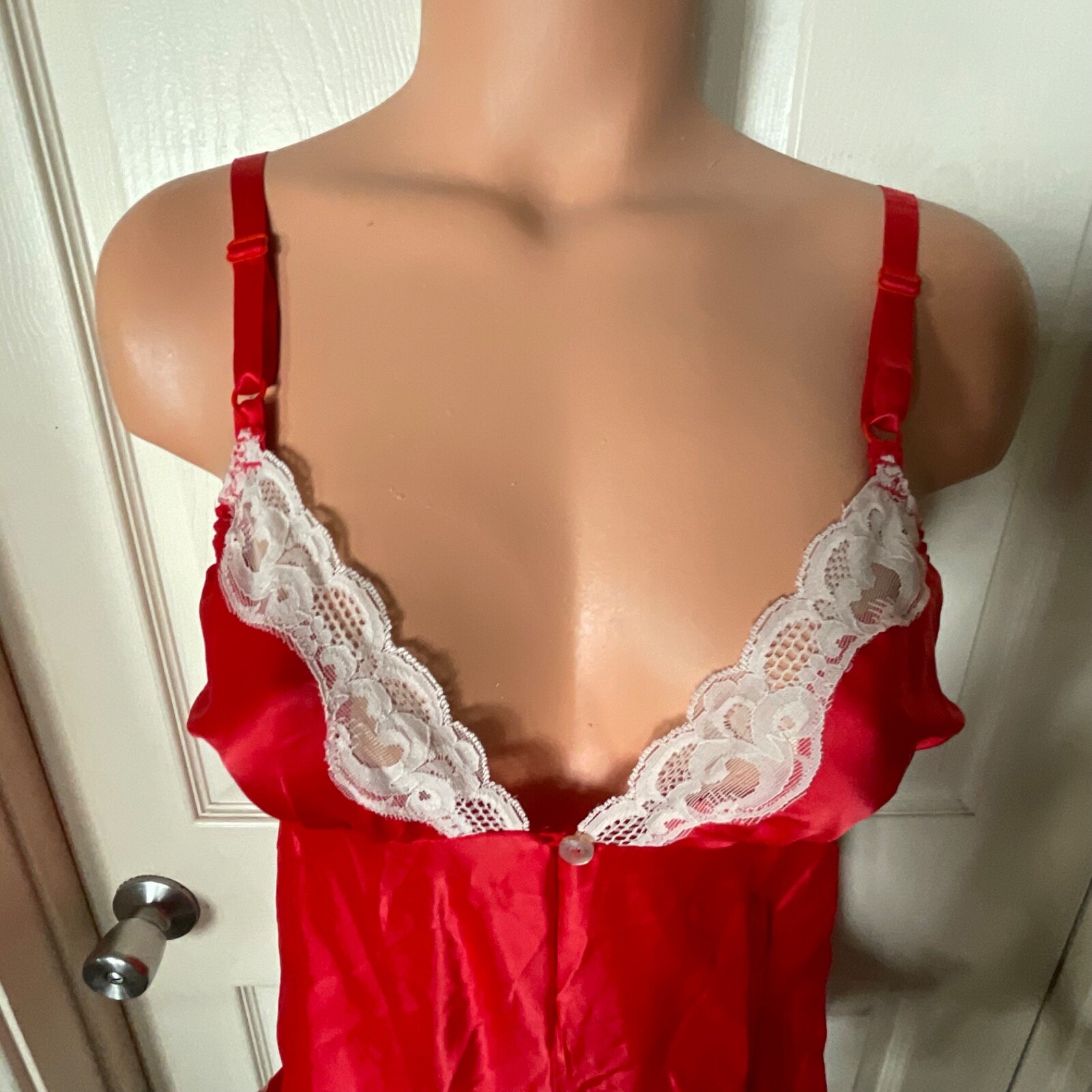 VTG Lily Of France SZ 36 LACY White Red Satin Bodysuit Romper Teddie USA