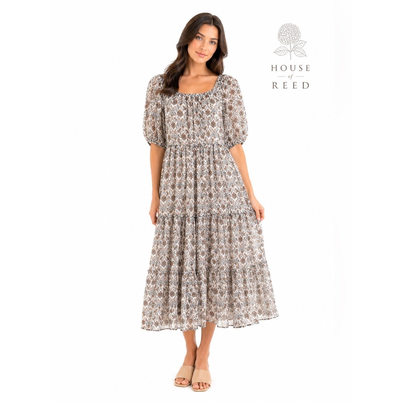 Lucy Paris Boho Floral Tiered Midi Dress NWT Puff Sleeve Cottagecore Prairie