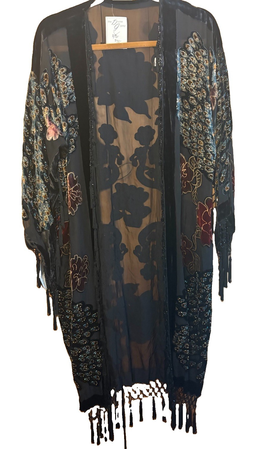 Kimono Jacket Black Sheer Peacock Velvet Beaded Burnout Coverup S/M/L