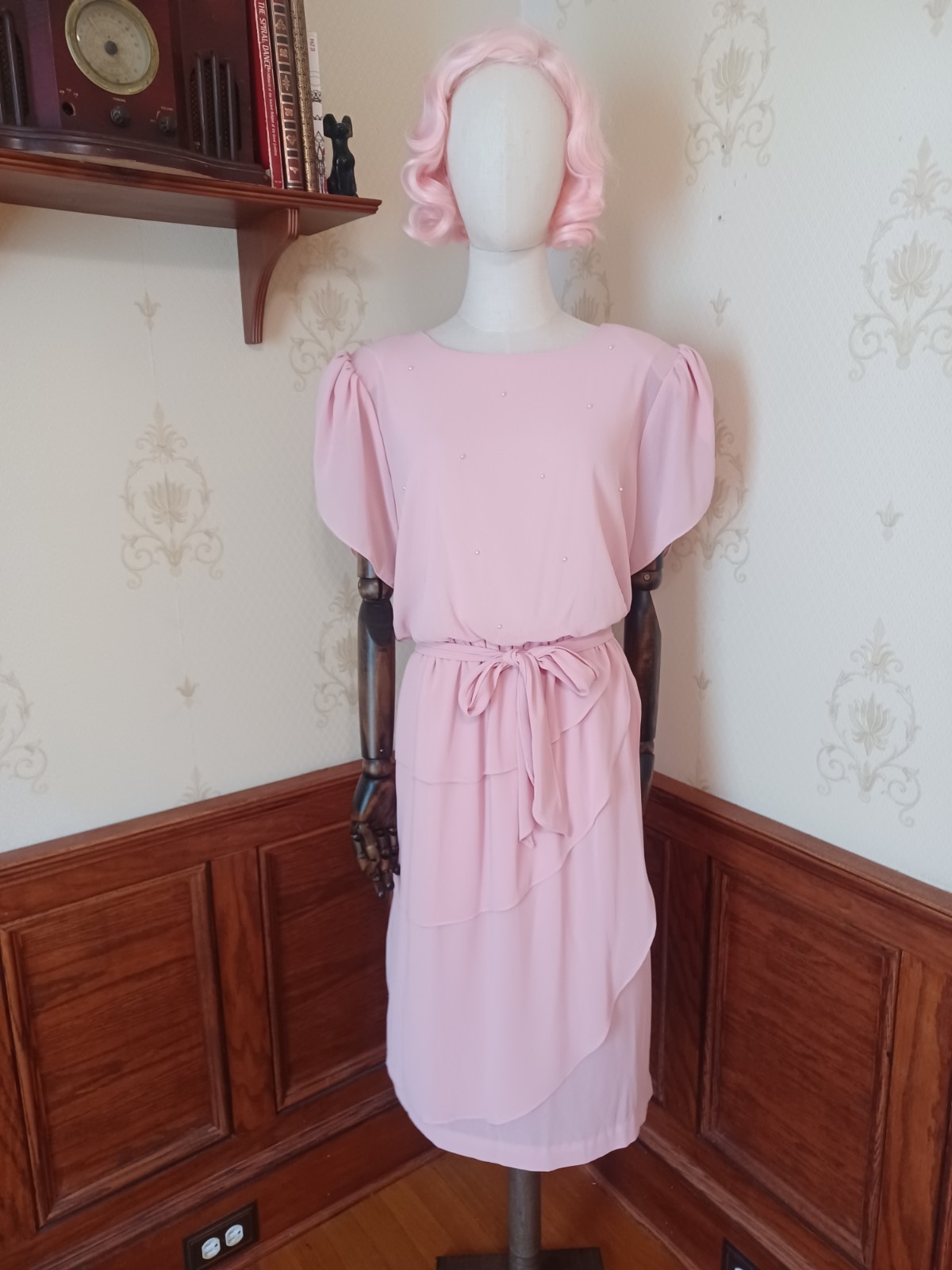 Vintage 1960s/70s Toni Todd Union-Made Pink Pearled Puff Sleeve Coquette Dress