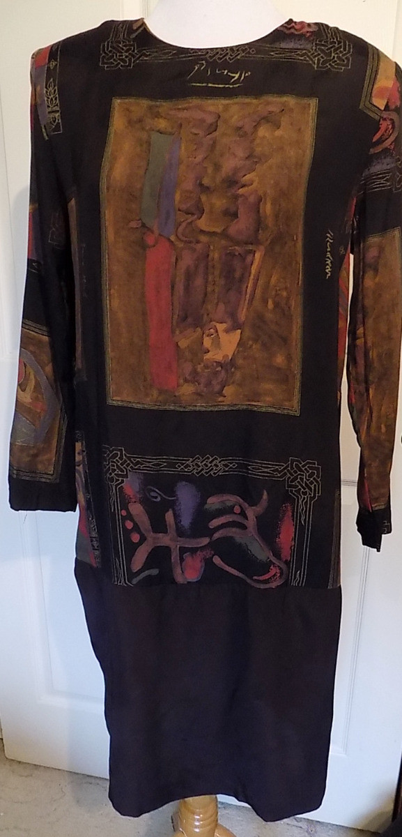 Vintage Black Rayon Art Theme Dress Just in Thyme Ltd. B40