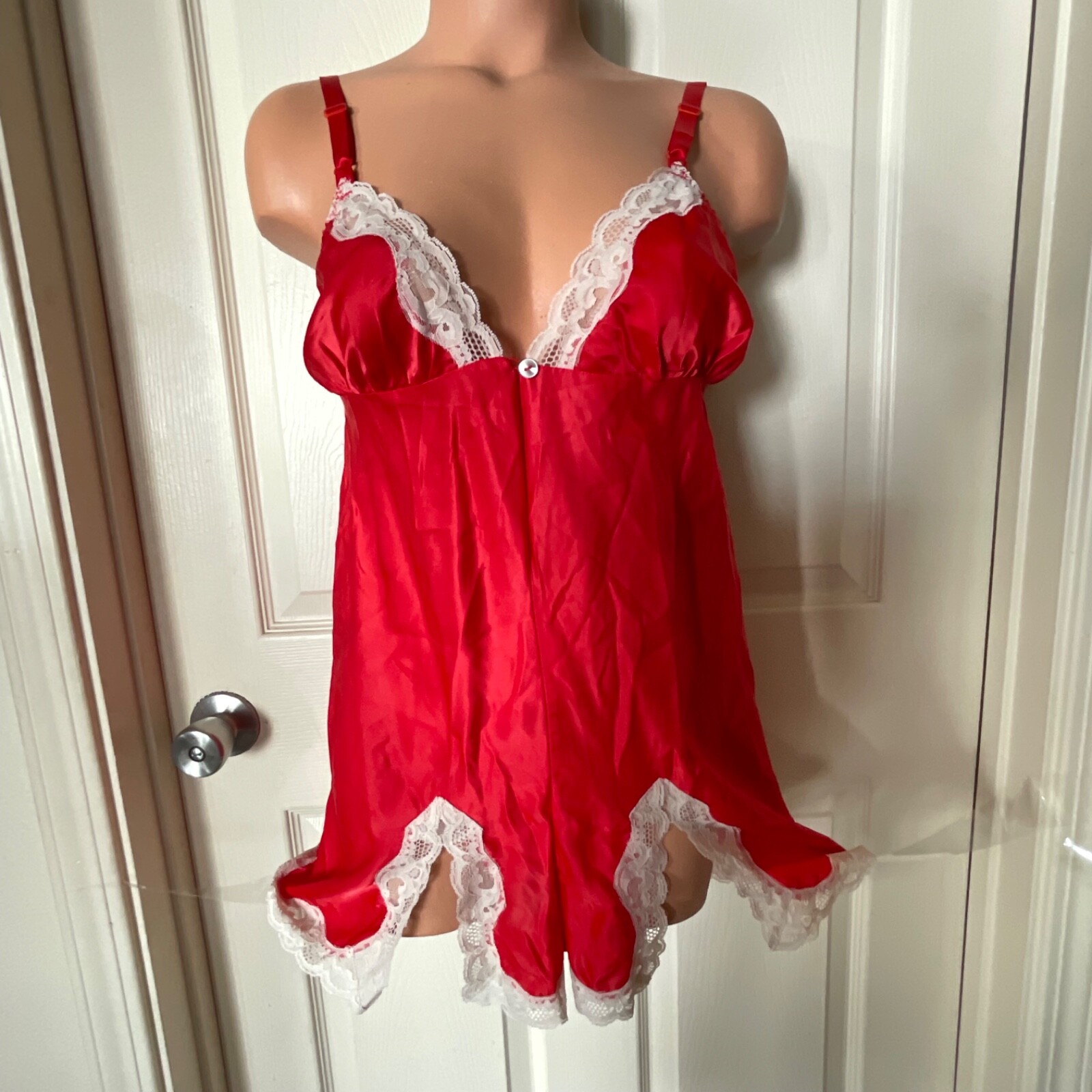 VTG Lily Of France SZ 36 LACY White Red Satin Bodysuit Romper Teddie USA