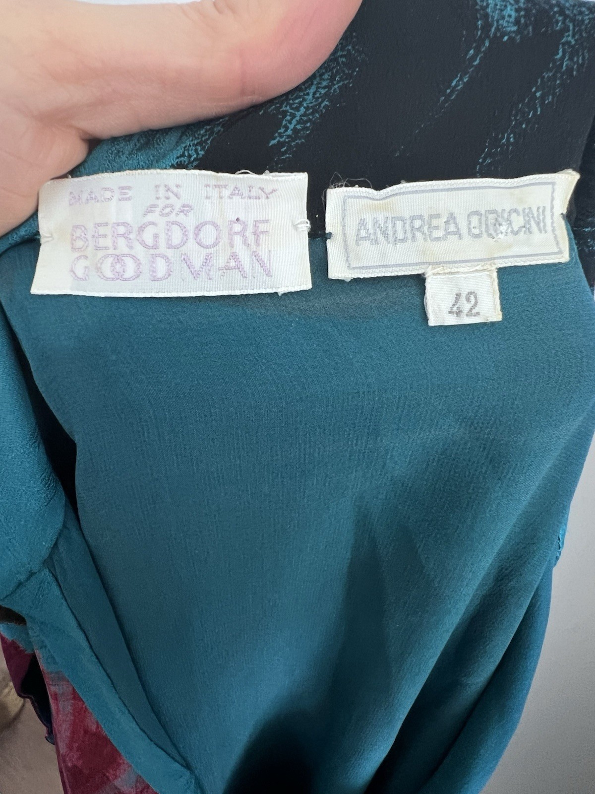 VTG 80s women’s turquoise silk secretary dress Andrea Odicini for Saks SZ 4/6 US