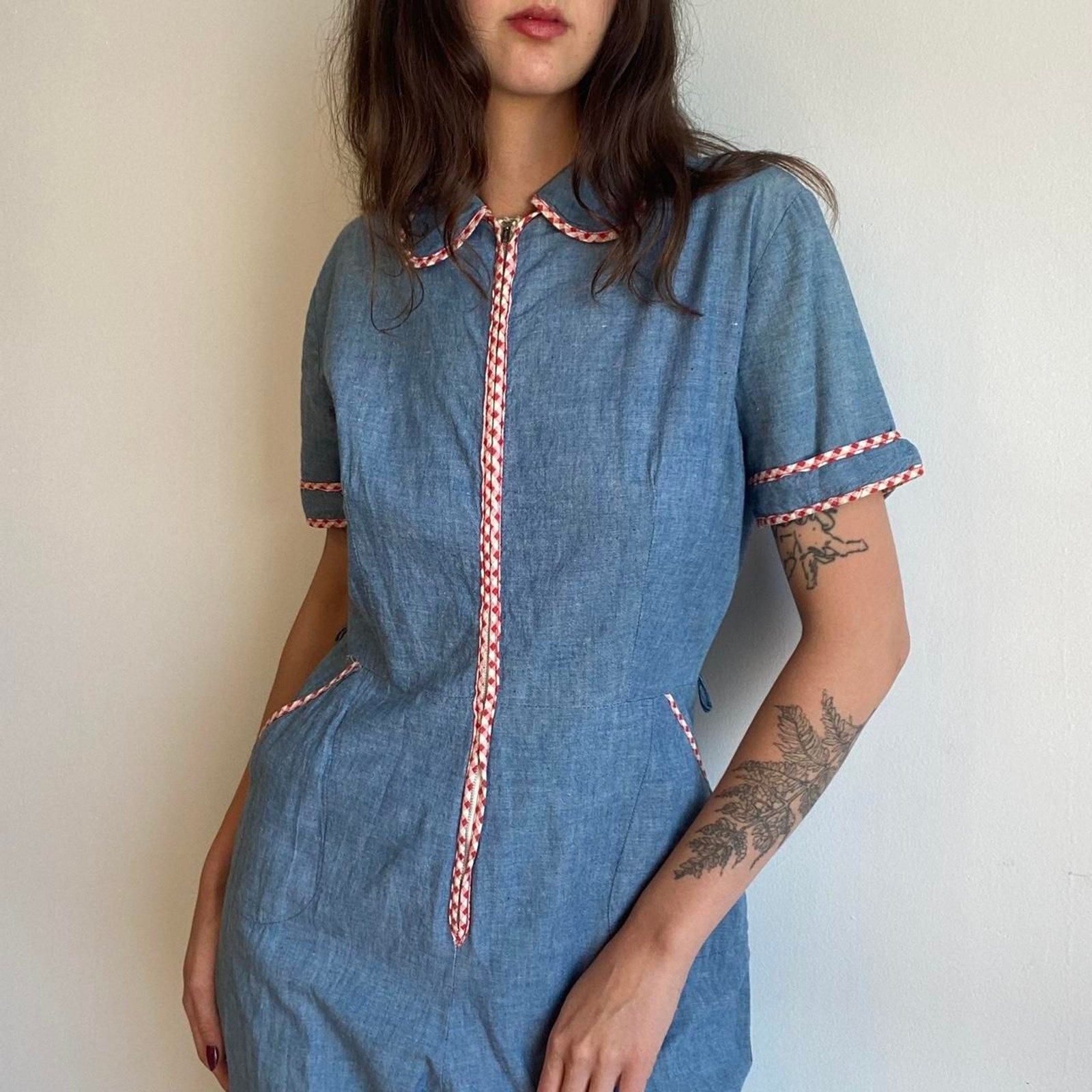 1970s cotton chambray jumpsuit with gingham details
