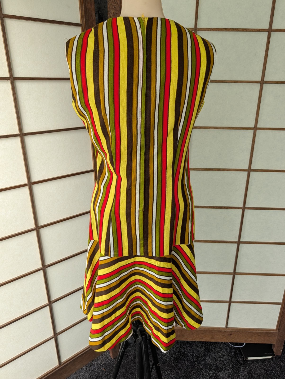 Vtg 60s 70s Groovy Striped Mini Dress Sz S/M Drop Waist Ruffle Hem Barkcloth Mod