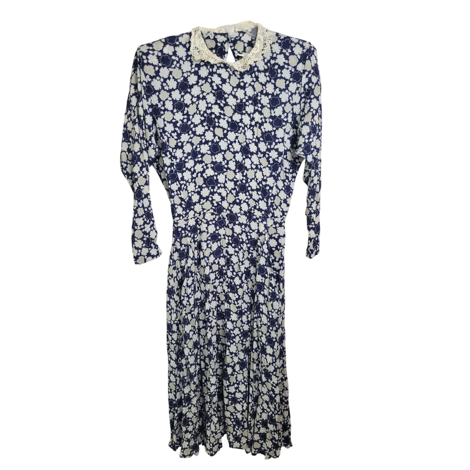 Vtg Michelle Stuart Floral Dress Size 12 Navy White Lace Collar 90s Midi