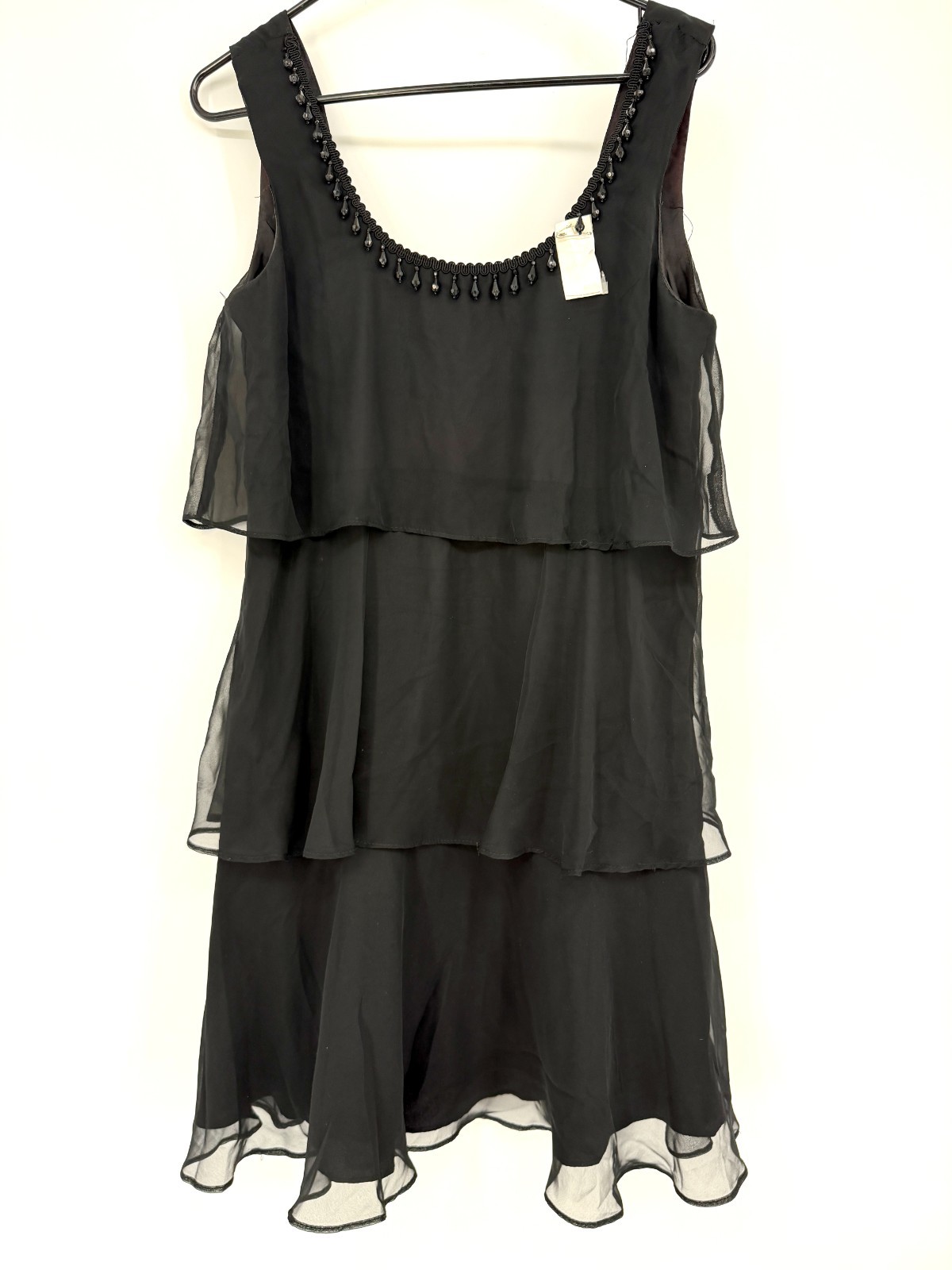 Vintage Mayvens of California Black Chiffon Tiered Beaded Dress Size 11 Flapper
