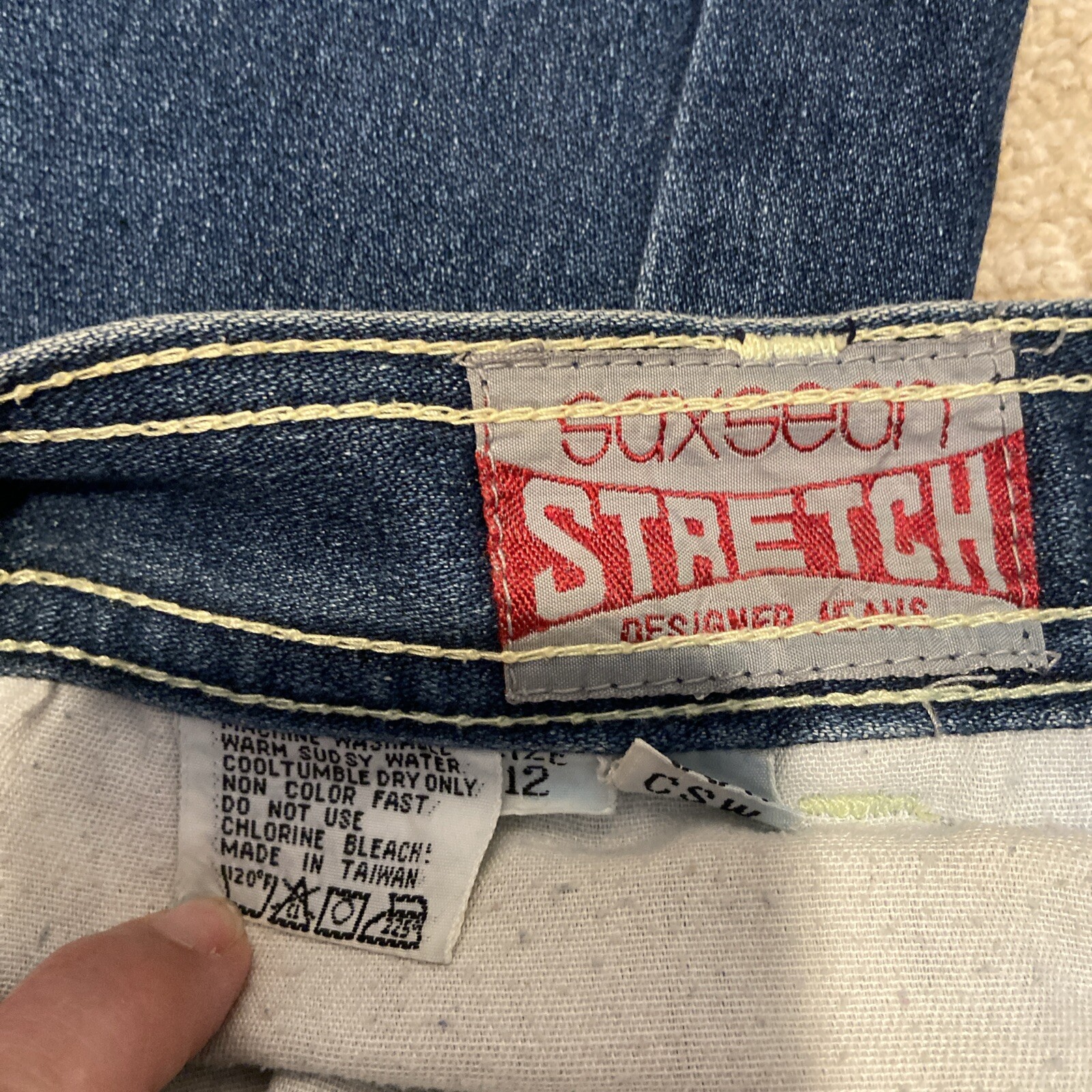 VINTAGE Saxseon Denim Patch High Rise Jeans Dallas Texas Women’s Sz 13 Western