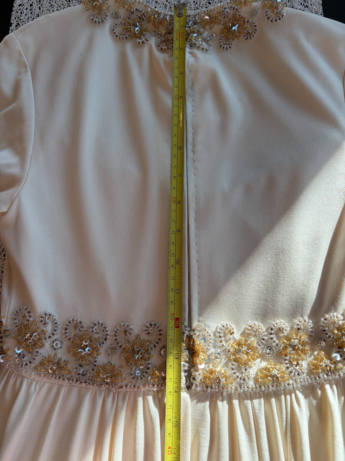 Vintage 60s Victoria Cream Ivory Beaded Scoop Neck Empire Waist Dress Gown SZ 8