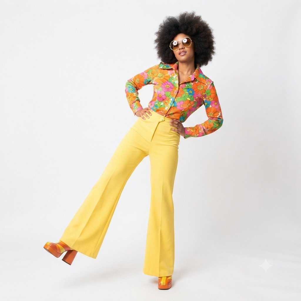 Bright Yellow 70s Flared Pants S Retro Hippy Rave Festival Bell Bottoms Flares