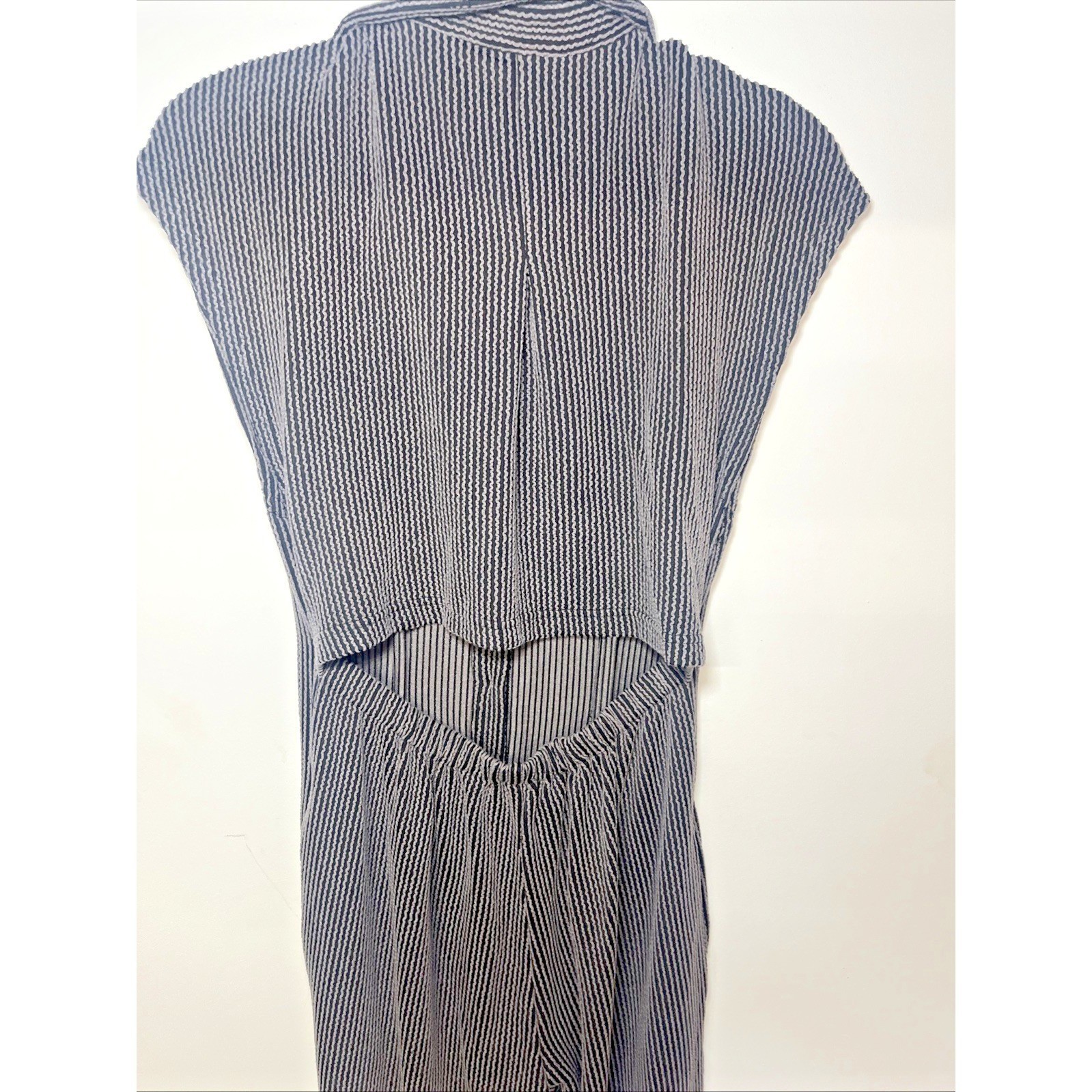 So Me Black White Striped Jumpsuit Wide Leg Button Front Boho Coastal Pockets S