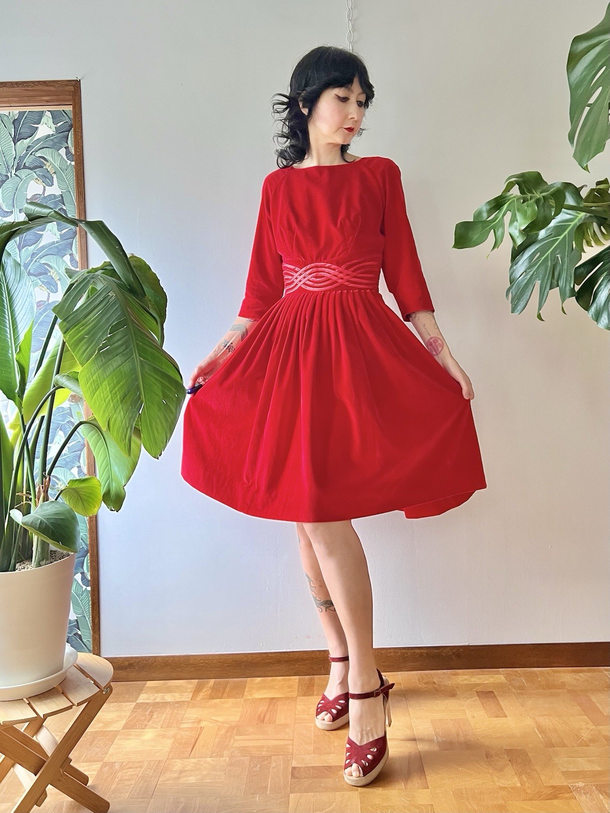 VTG 50s Carol Brent Red Velveteen Cocktail Dress XS/S Rockabilly
