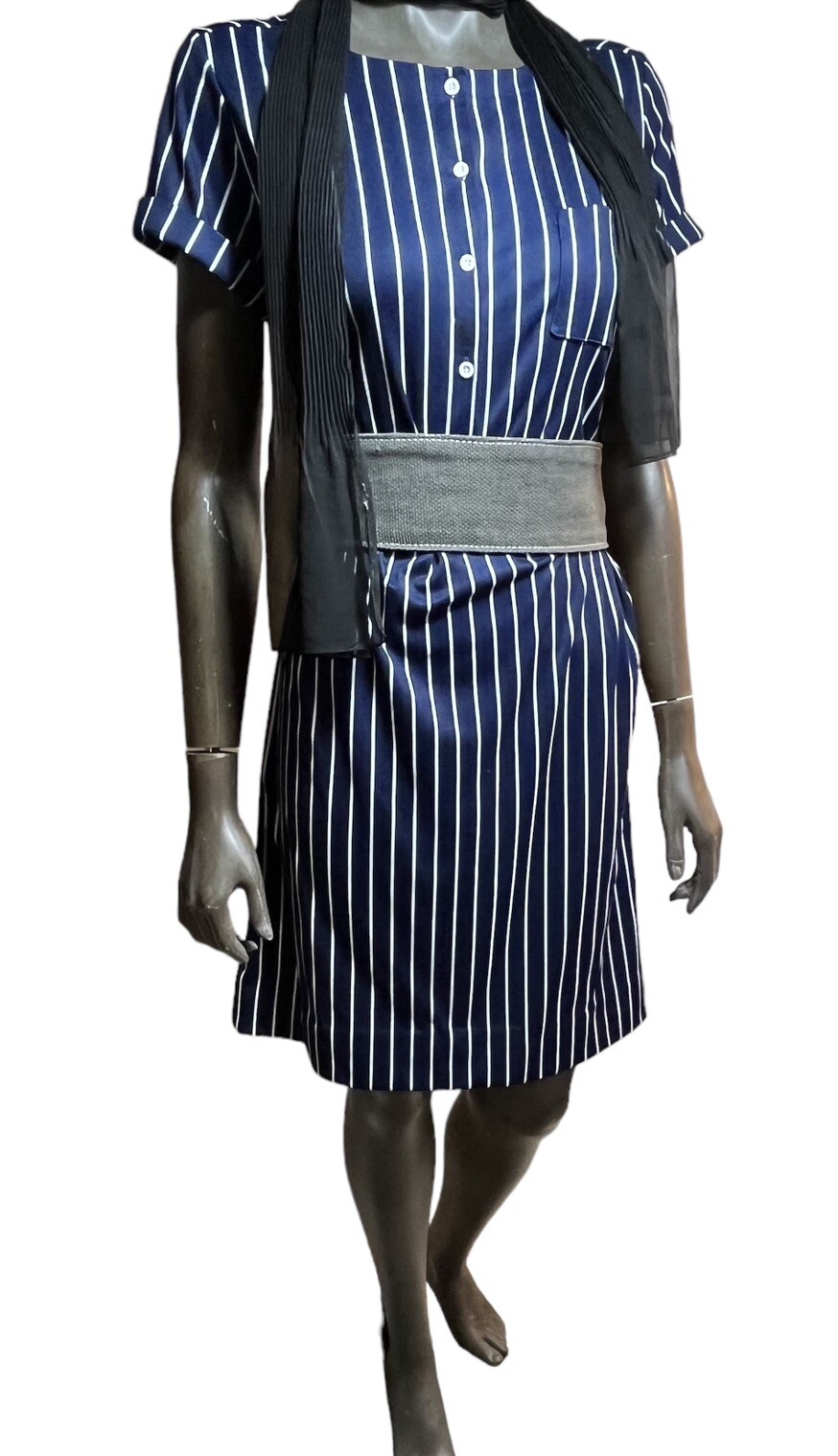 Vintage LANVIN 1970s Poly Knit French Designer Embroidered Logo Day Dress L 16