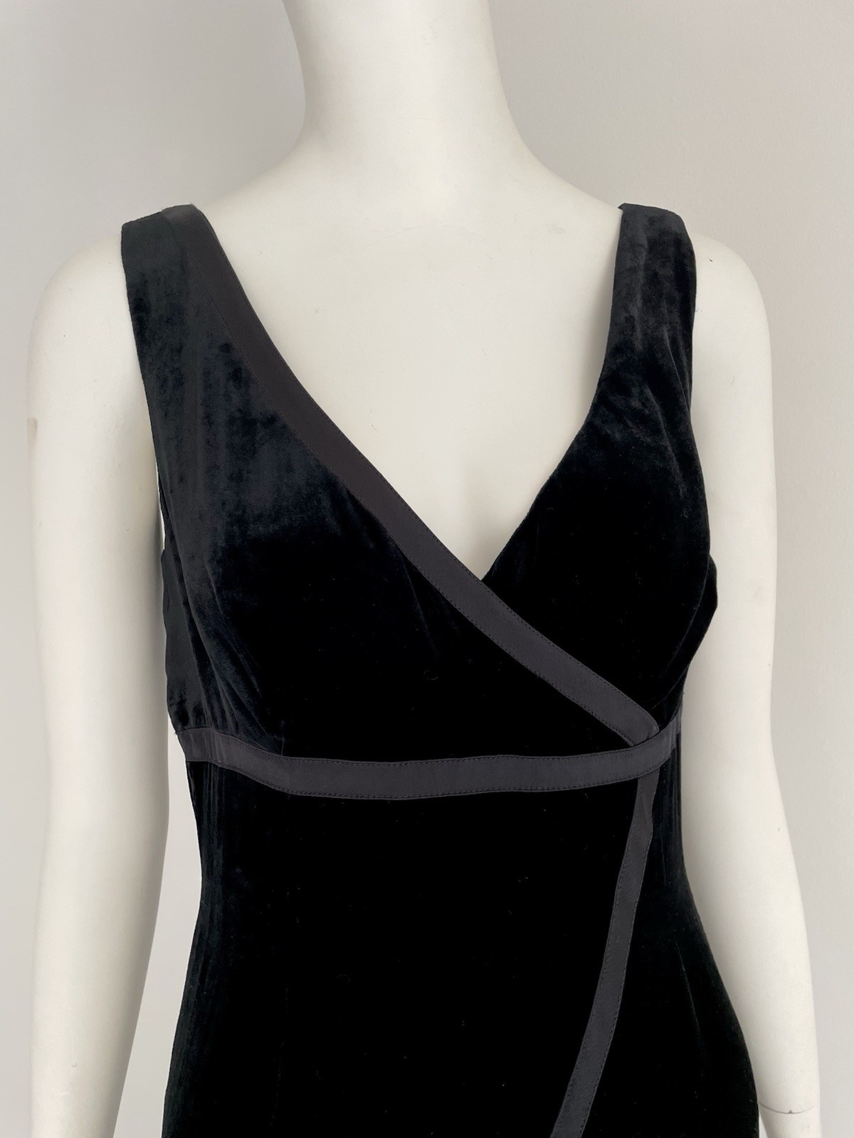 Moschino Couture 1997 Vintage Black Velvet Maxi Gown Asymmetrical Ribbon Detail