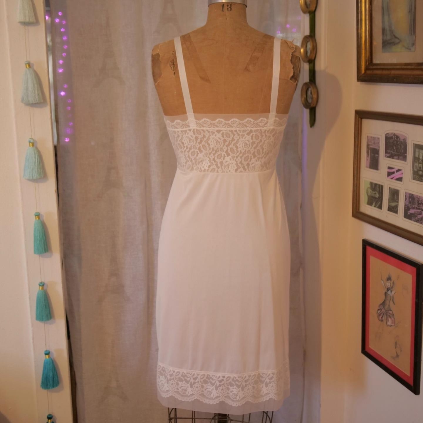 Vintage CAROL BRENT White Nylon Full Slip LACE Chiffon Bodice 34 Shadow Panel