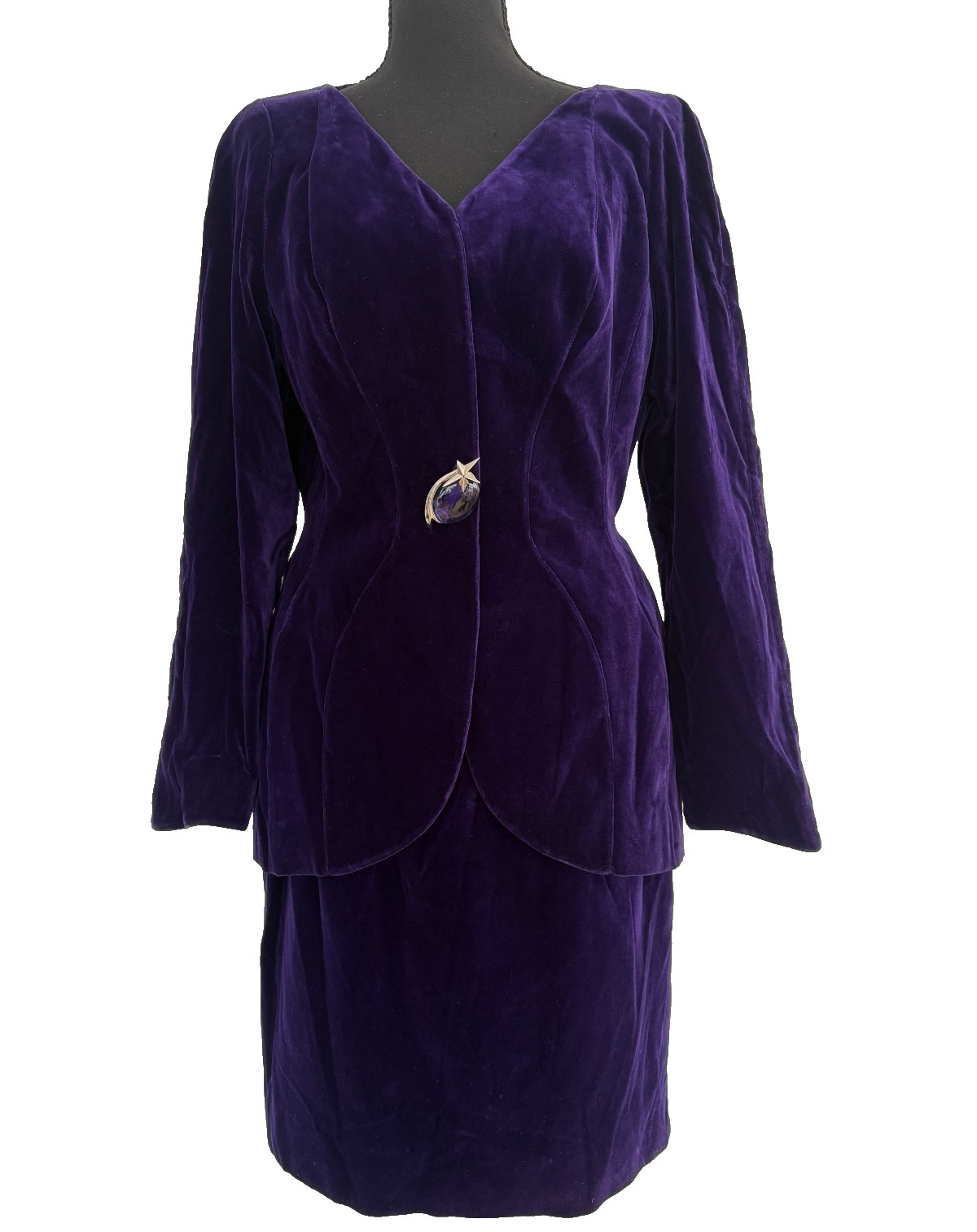 VTG Thierry Mugler Purple Velvet Skirt Suit Set Sculpted Jacket & Pencil Skirt