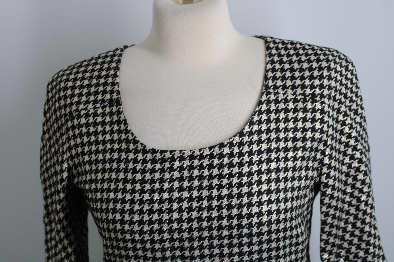 Vtg Mila Schon 42 Gold Black Long Sleeve Sheath Dress Cotton Wool 36″ Bust