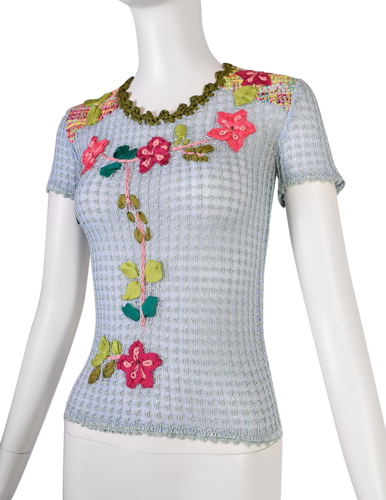 Christian Lacroix Vintage SS 2000 Baby Blue Multicolor Floral Embellished Knit C