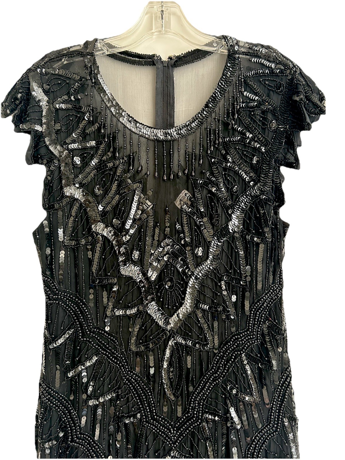 Vintage Scala Paris Milan Black Dress M Sequin Silk Sheath Flapper Beaded Gatsby