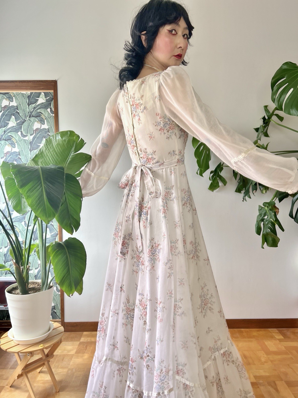 VTG 70s Gunne Sax Rose Bouquet Lace Up Corset Voile Prairie Maxi Dress XS/S Boho