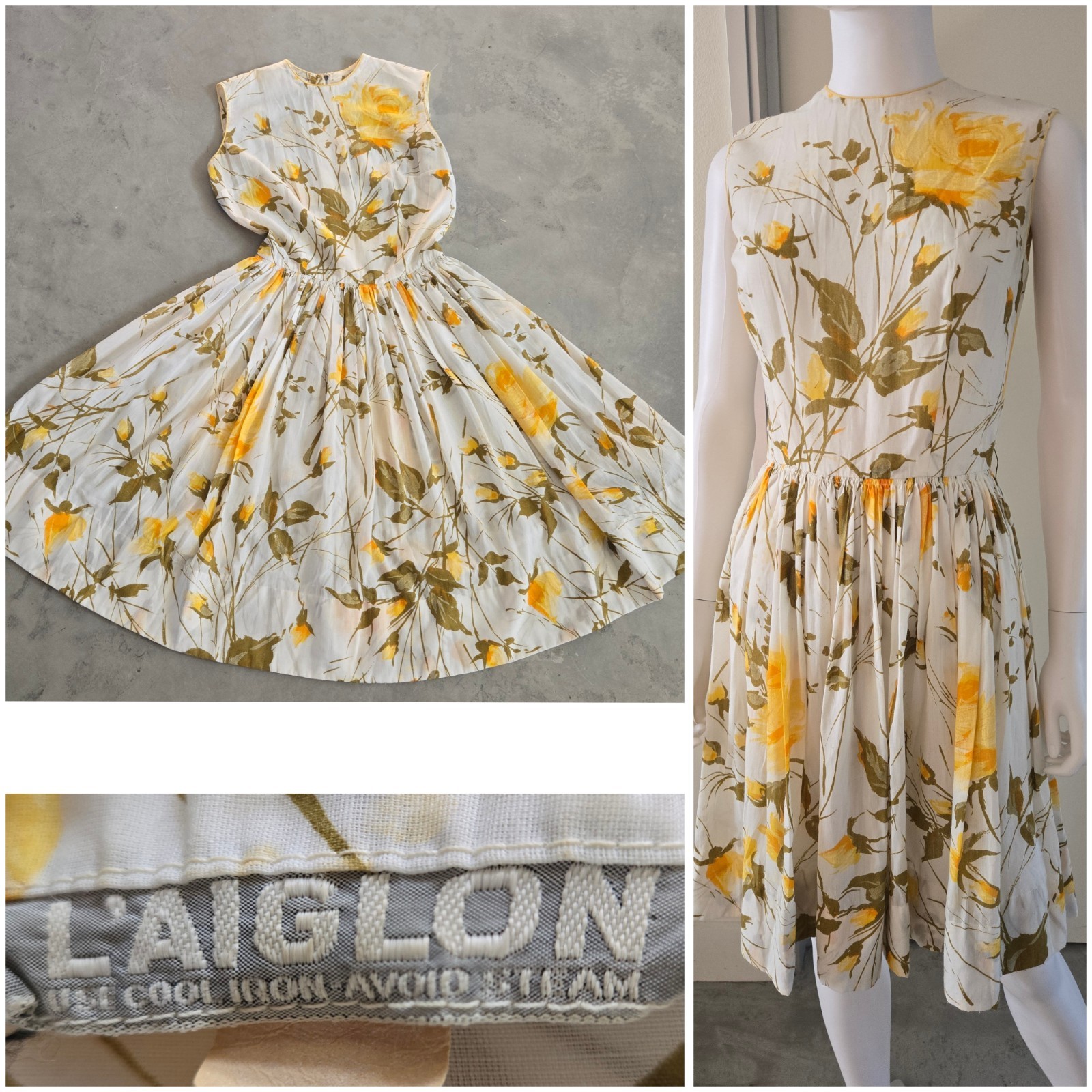 VTG 50s L’Aiglon Full Circle Dress Skirt Floral Sleeveless Cotton Pleated Midi