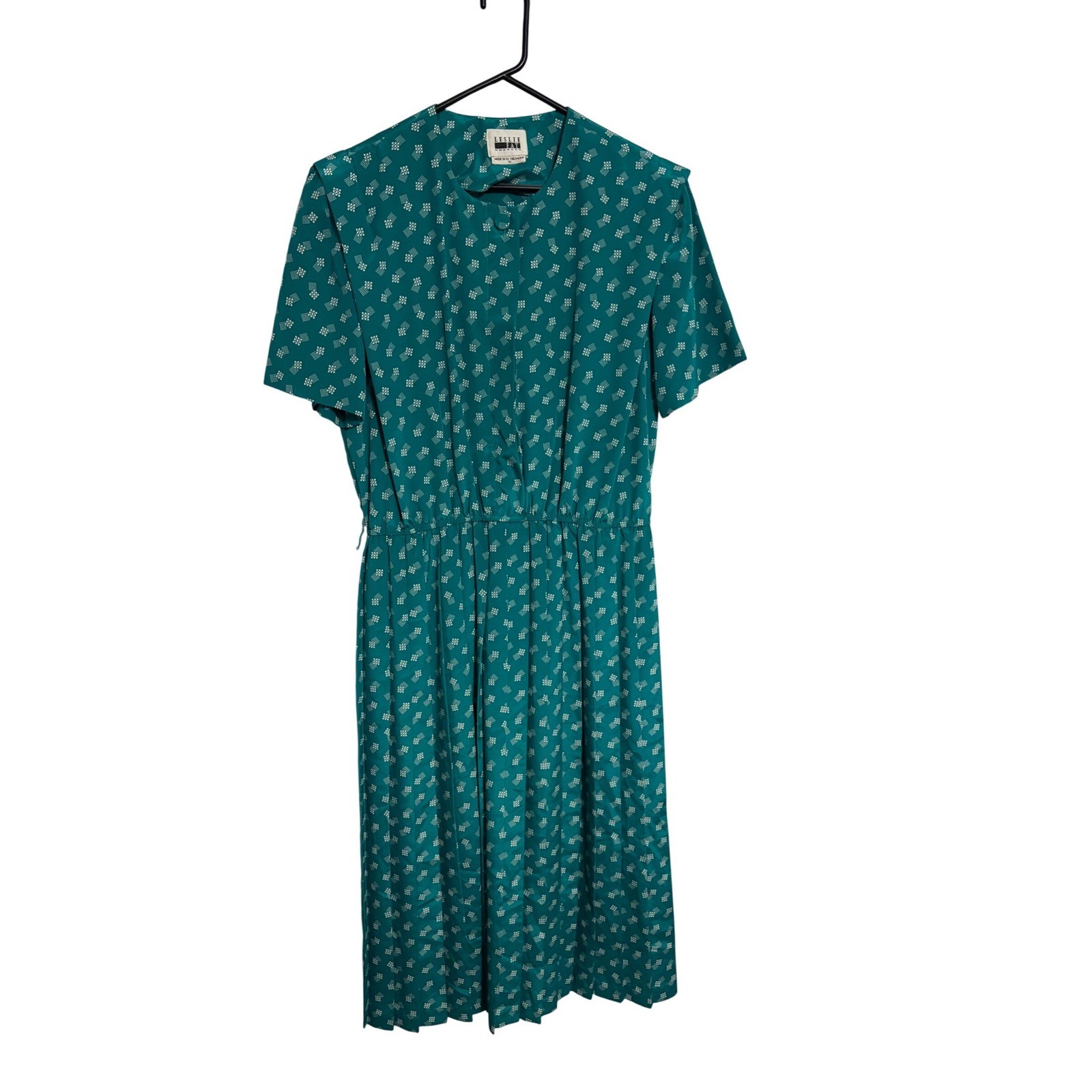 Leslie Fay Dress Vintage 80s Secretary Teal Geometric Pleated Midi Size 14