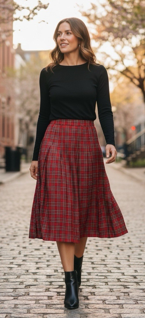 Vintage Red Plaid Skirt Midi Pleat School Girl Academia Stewart Tartan Medium 8