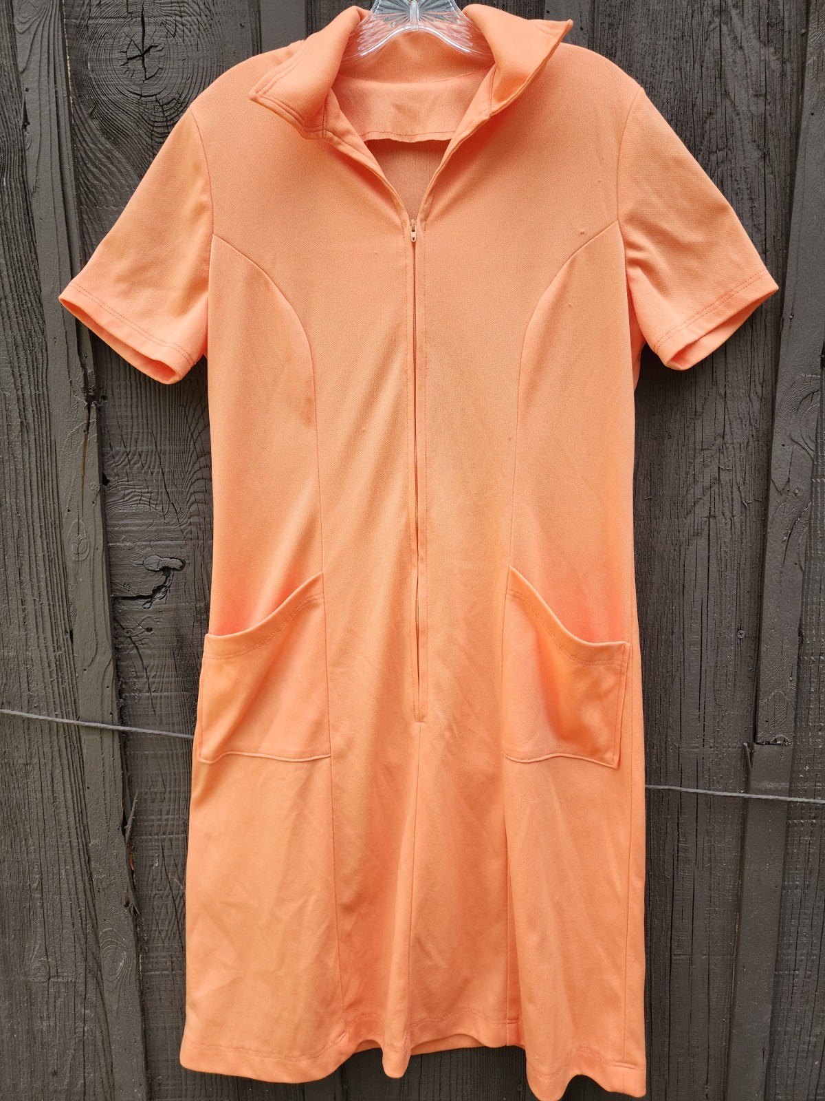 70s Handmade Solid Peach Color Double Knit Polyester Dress – Womens L-XL Vtg