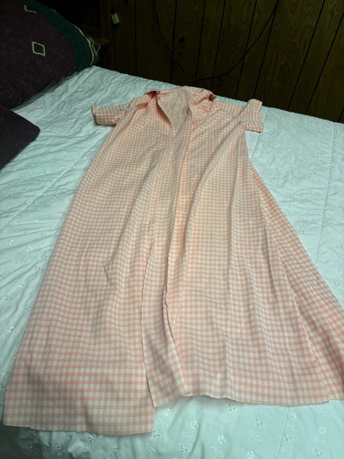 Vintage 1970s Duster House Coat Robe Dress PINK Gingham Unfinished or (Fabric)