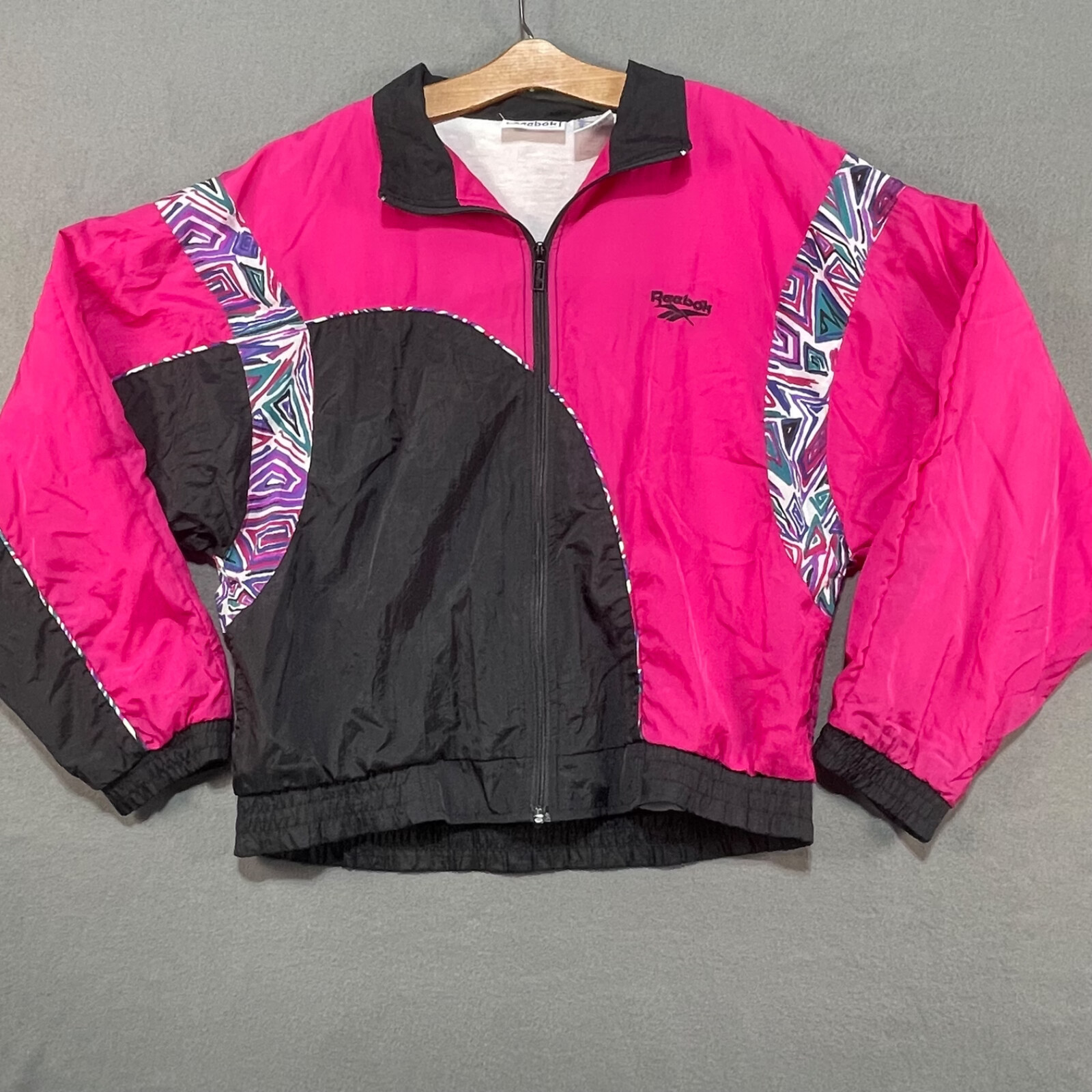 Vintage Reebok Womens Windbreaker Medium Hot Pink Black 90s Hip Hop Full Zip