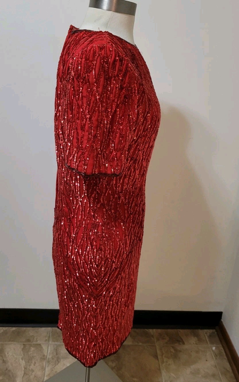 Vintage Stenay 100% Silk Sequin Dress Red Size 10 Wedding Special Occasions