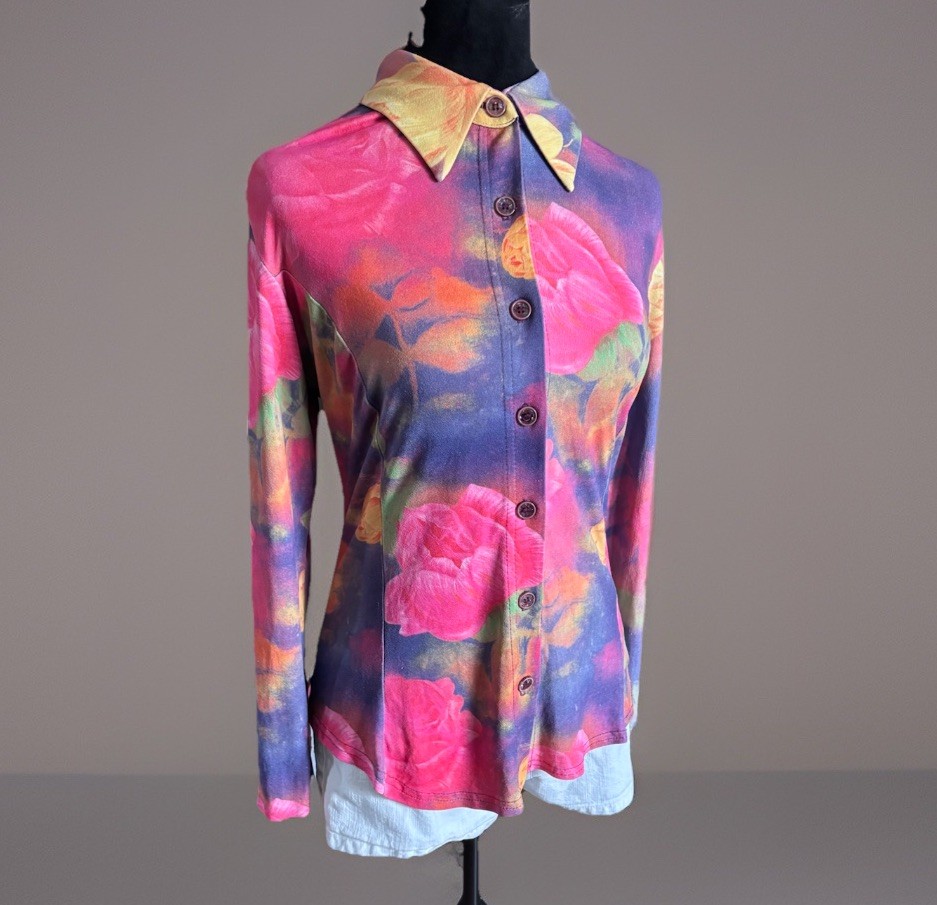 Vtg 90s Ann Ferriday BRIGHT Colorful Floral Print Stretchy Top.size 2. Made LA