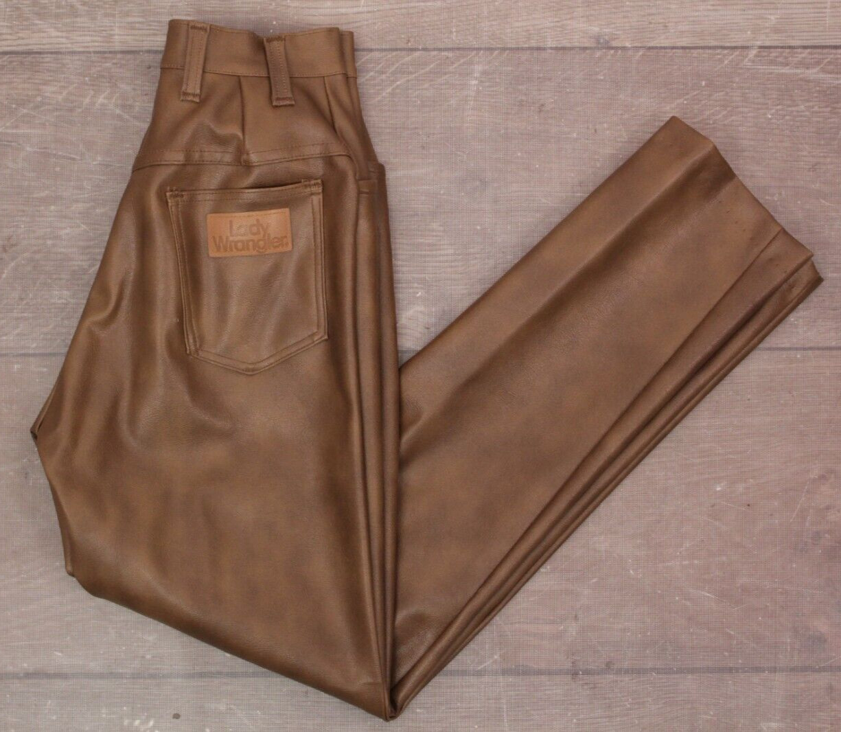 VTG Women’s 70s Lady Wrangler Brown Pleather Pants Sz 24.5″ 1970s Wranglers