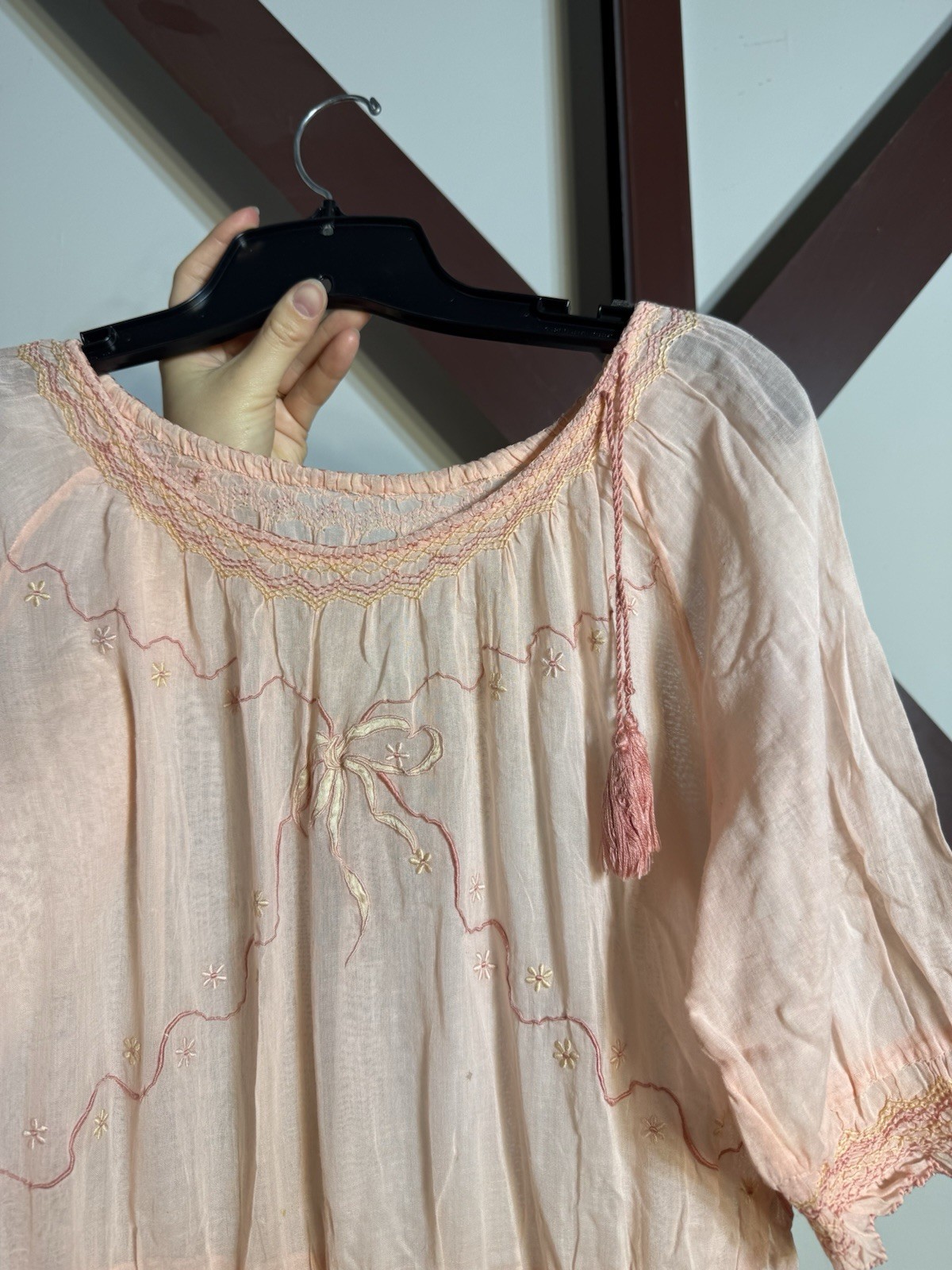 Antique 1920s 1930s Pink Gauze Dress Hand Smocked Embroidered Prairie Cottage
